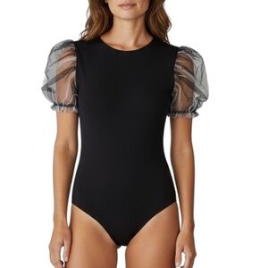 SHEIN Elegant Black Bodysuit Top Puffy Sheer Sleeves Medium Spandex